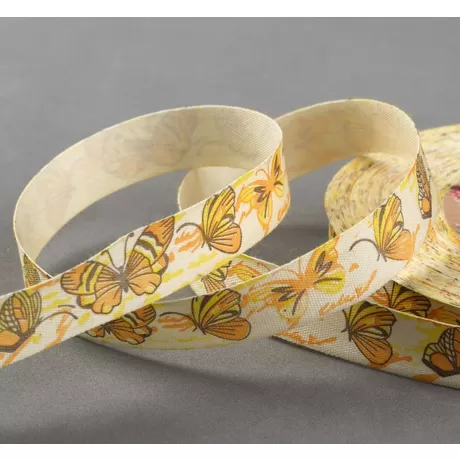 Лента хлопковая «Бабочки», 15 мм, цвет бежевый/жёлтый