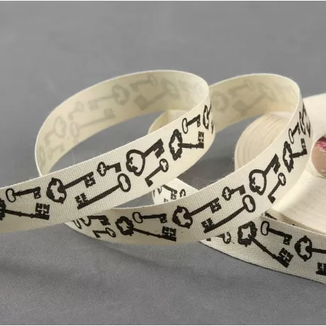 Лента хлопковая «Ключи», 15 мм, цвет бежевый/чёрный