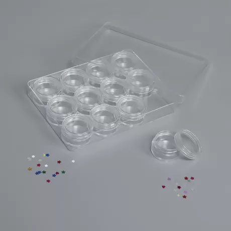 Баночки для декора в контейнере, 12×10×2 см, 12 баночек, d=2,5 см, 5 гр, прозрачный
