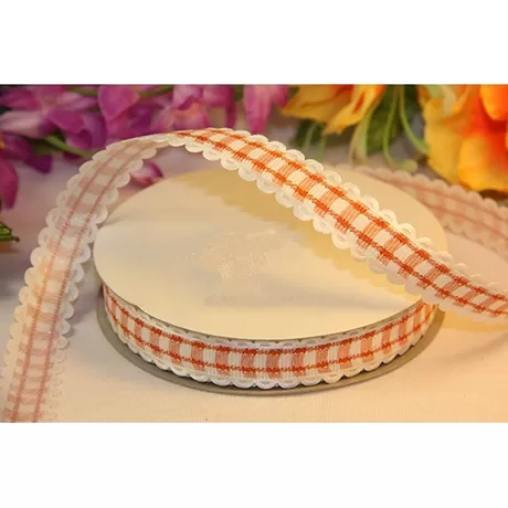 Лента декоративная с узором клетка Виши оранжевый 15 мм / 1 м